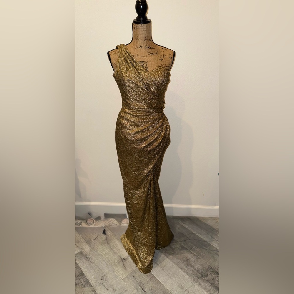Xscape Gold One Shoulder Dress